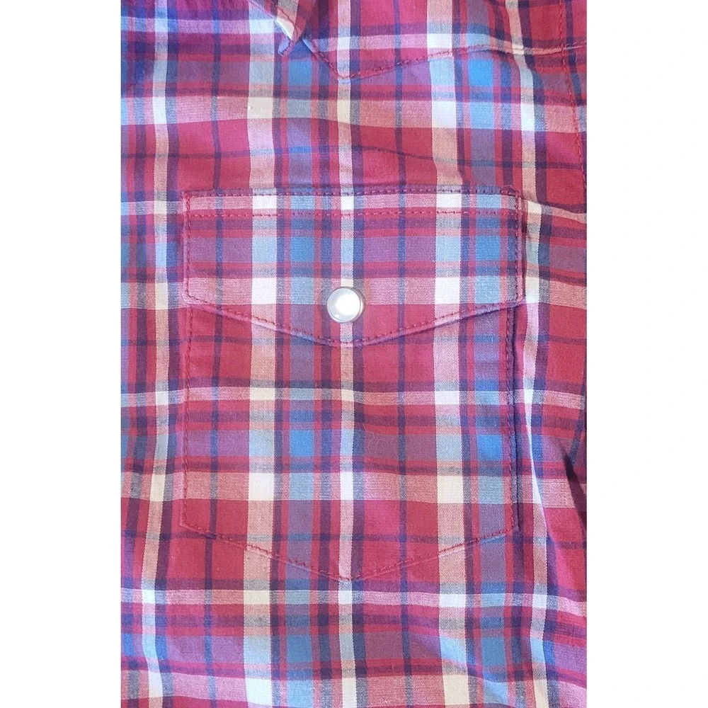 Wrangler Western Pearl Snap Shirt Boys Youth Medium Red‎ Plaid Long Sleeve EUC